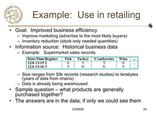 Example: Use in retailing
• Goal: Improved business efficiency
   – Improve marketing (advertise to the most likely buyers)
   – Inventory reduction (stock only needed quantities)
• Information source: Historical business data
   – Example: Supermarket sales records
        Date/Time/Register   Fish     Turkey   Cranberries   Wine   ...
        12/6 13:15 2          N         Y          Y          N     ...
        12/6 13:16 3          Y         N          N          Y     ...

   – Size ranges from 50k records (research studies) to terabytes
     (years of data from chains)
   – Data is already being warehoused
• Sample question – what products are generally
  purchased together?
• The answers are in the data, if only we could see them
                                    CS590D                                24
 