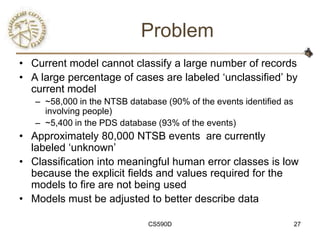 Problem
• Current model cannot classify a large number of records
• A large percentage of cases are labeled ‗unclassified‘ by
  current model
   – ~58,000 in the NTSB database (90% of the events identified as
     involving people)
   – ~5,400 in the PDS database (93% of the events)
• Approximately 80,000 NTSB events are currently
  labeled ‗unknown‘
• Classification into meaningful human error classes is low
  because the explicit fields and values required for the
  models to fire are not being used
• Models must be adjusted to better describe data

                              CS590D                                 27
 