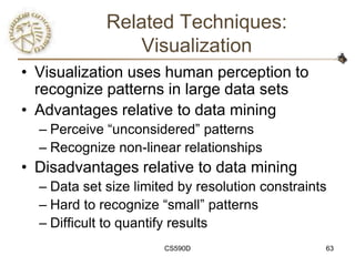 Related Techniques:
                 Visualization
• Visualization uses human perception to
  recognize patterns in large data sets
• Advantages relative to data mining
  – Perceive ―unconsidered‖ patterns
  – Recognize non-linear relationships
• Disadvantages relative to data mining
  – Data set size limited by resolution constraints
  – Hard to recognize ―small‖ patterns
  – Difficult to quantify results
                       CS590D                     63
 