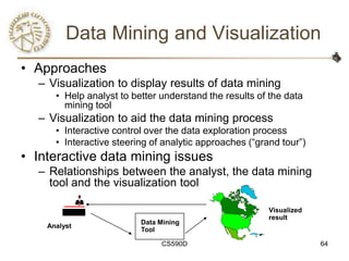 Data Mining and Visualization
• Approaches
  – Visualization to display results of data mining
      • Help analyst to better understand the results of the data
        mining tool
  – Visualization to aid the data mining process
      • Interactive control over the data exploration process
      • Interactive steering of analytic approaches (―grand tour‖)
• Interactive data mining issues
  – Relationships between the analyst, the data mining
    tool and the visualization tool

                                                         Visualized
                                                         result
                          Data Mining
    Analyst
                          Tool

                               CS590D                                 64
 