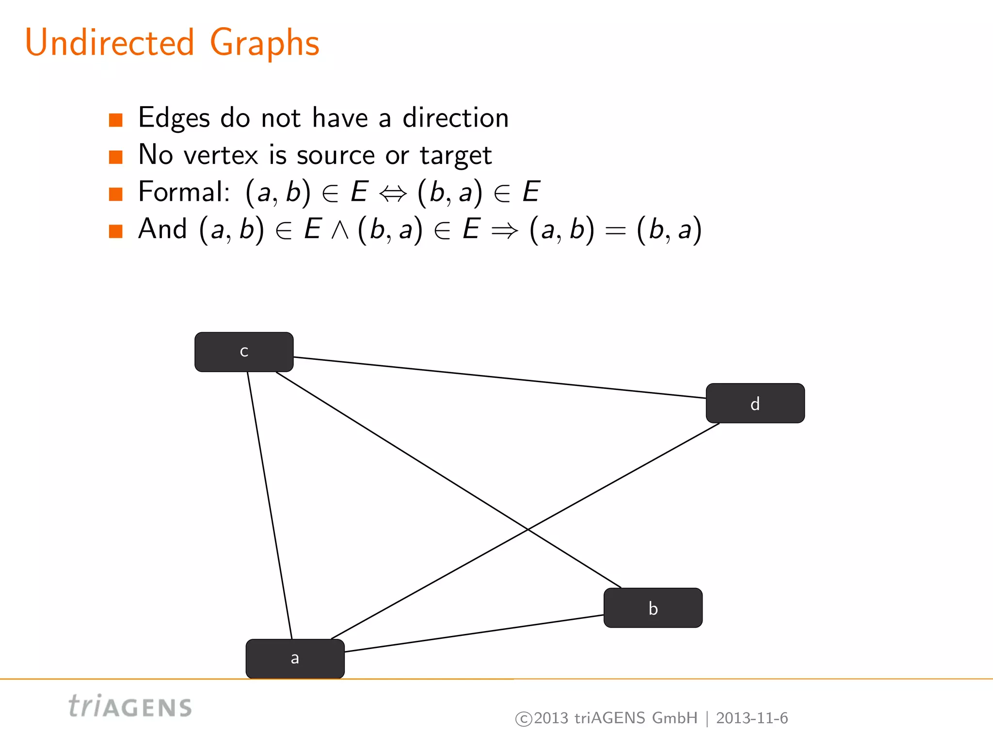 Undirected Graphs
Edges do not have a direction
No vertex is source or target
Formal: (a, b) ∈ E ⇔ (b, a) ∈ E
And (a, b) ∈ E ∧ (b, a) ∈ E ⇒ (a, b) = (b, a)

c
d

b
a
c 2013 triAGENS GmbH | 2013-11-6

 