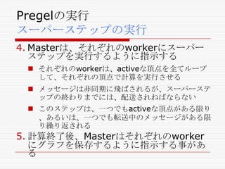 Pregelの実行
スーパーステップの実行
4. Masterは、それぞれのworkerにスーパー
ステップを実行するように指示する
 それぞれのworkerは、activeな頂点を全てループ
して、それぞれの頂点で計算を実行させる
 メッセージは非同期に飛ばされるが、スーパーステ
ップの終わりまでには、配送されねばならない
 このステップは、一つでもactiveな頂点がある限り
、あるいは、一つでも転送中のメッセージがある限
り繰り返される

5. 計算終了後、Masterはそれぞれのworker
にグラフを保存するように指示する事があ
る

 