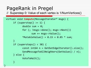 PageRank in Pregel
// Superstep 0: Value of each vertex is 1/NumVertices()
virtual void Compute(MessageIterator* msgs) {
if (superstep() >= 1) {
double sum = 0;
for (; !msgs->done(); msgs->Next())
sum += msgs->Value();
*MutableValue() = 0.15 + 0.85 * sum;
}
if (supersteps() < 30) {
const int64 n = GetOutEdgeIterator().size();
SendMessageToAllNeighbors(GetValue() / n);
} else {
VoteToHalt();
}
}

 