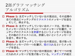 2部グラフ マッチング
アルゴリズム
 Phase 1: まだマッチしていない左の頂点は、その近傍の
全ての頂点にマッチングのリクエストのメッセージを送る
。そして、停止する。
 Phase 2: まだマッチしていない右のノードは、受け取っ
たメッセージからランダムに一つのメッセージを選び、マ
ッチングのリクエストを許諾するというメッセージを送る
。その他のリクエストには、許諾しないというメッセージ
を送り、停止する。
 Phase 3: まだマッチしていない左の頂点は、受け取った
許可のメッセージの一つを選び、受け入れるというメッセ
ージを送る。
 Phase 4: マッチしていない右の頂点は、多くて一つの受
け入れのメッセージを受け取っている。マッチングが成立

 