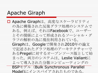 Apache Giraph
 Apache Giraphは、高度なスケーラビリティ
の為に構築された反復グラフ処理のシステムで
ある。例えば、それはFacebookで、ユーザー
とその関係によって形成されるソーシャル・グ
ラフの解析の為に現在利用されている。
Giraphは、Googleで開発され2010年の論文
で記述されたグラフ処理のアーキテクチャーで
あるPregelに対するオープンソース版として始
まった。両方のシステムは、Leslie Valiantに
よって導入された分散コンピューティングの
BSPモデル（Bulk Synchronous Parallel
Model)にインスパイアされたものである。

 