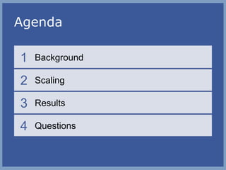 Agenda
1

Background

2

Scaling

3

Results

4

Questions

 