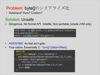 Problem: byte[]のシリアライズ化
• DataInput? Kyro? Custom?

Solution: Unsafe
• Dangerous. No formal API. Volatile. Non-portable (oracle JVM only).

• AWESOME. As fast as it gets.
• True native. Essentially C: *(long*)(data+offset);

 