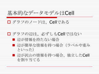 基本的なデータモデルはCell
 グラフのノードは、Cellである
 グラフの辺は、必ずしもCellではない
 辺が情報を持たない場合
 辺が簡単な情報を持つ場合（ラベルや重み
といった）
 辺が沢山の情報を持つ場合、独立したCell
を割り当てる

 