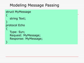 Modeling Message Passing
struct MyMessage
{
string Text;
}
protocol Echo
{
Type: Syn;
Request: MyMessage;
Response: MyMessage;
}

 