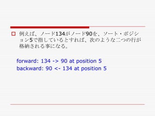  例えば、ノード134がノード90を、ソート・ポジシ
ョン5で指しているとすれば、次のような二つの行が
格納される事になる。
forward: 134 -> 90 at position 5
backward: 90 <- 134 at position 5

 