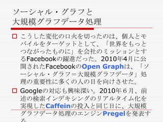 ソーシャル・グラフと
大規模グラフデータ処理
 こうした変化の口火を切ったのは、個人とモ
バイルをターゲットとして、「世界をもっと
つながったものに」を会社のミッションとす
るFacebookの躍進だった。2010年4月に公
開されたFacebookのOpen Graphは、「ソ
ーシャル・グラフ＝大規模グラフデータ」処
理の重要性に多くの人の目を向けさせた。
 Googleの対応も興味深い。2010年６月、前
述の検索インデキシングのリアルタイム化を
実現したCaffeinの投入と同じ日に、大規模
グラフデータ処理のエンジンPregelを発表す

 