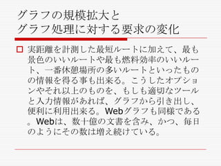 グラフの規模拡大と
グラフ処理に対する要求の変化
 実距離を計測した最短ルートに加えて、最も
景色のいいルートや最も燃料効率のいいルー
ト、一番休憩場所の多いルートといったもの
の情報を得る事も出来る。こうしたオプショ
ンやそれ以上のものを、もしも適切なツール
と入力情報があれば、グラフから引き出し、
便利に利用出来る。Webグラフも同様である
。Webは、数十億の文書を含み、かつ、毎日
のようにその数は増え続けている。

 