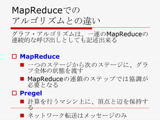 MapReduceでの
アルゴリズムとの違い
グラフ・アルゴリズムは、一連のMapReduceの
連続的な呼び出しとしても記述出来る
 MapReduce
 一つのステージから次のステージに、グラ
フ全体の状態を渡す
 MapReduceの連鎖のステップでは協調が
必要となる
 Pregel
 計算を行うマシン上に、頂点と辺を保持す
る
 ネットワーク転送はメッセージのみ

 