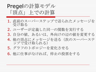 Pregelの計算モデル
「頂点」上での計算
1. 直前のスーパーステップで送られたメッセージを
受け取る
2. ユーザーが定義した同一の関数を実行する
3. 自分の値、あるいは、外向けの辺の値を変更する
4. 他の頂点にメッセージを送る（次のスーパーステ
ップで受け取られる）
5. グラフのトポロジーを変化させる
6. 他に仕事がなければ、停止の投票をする

 