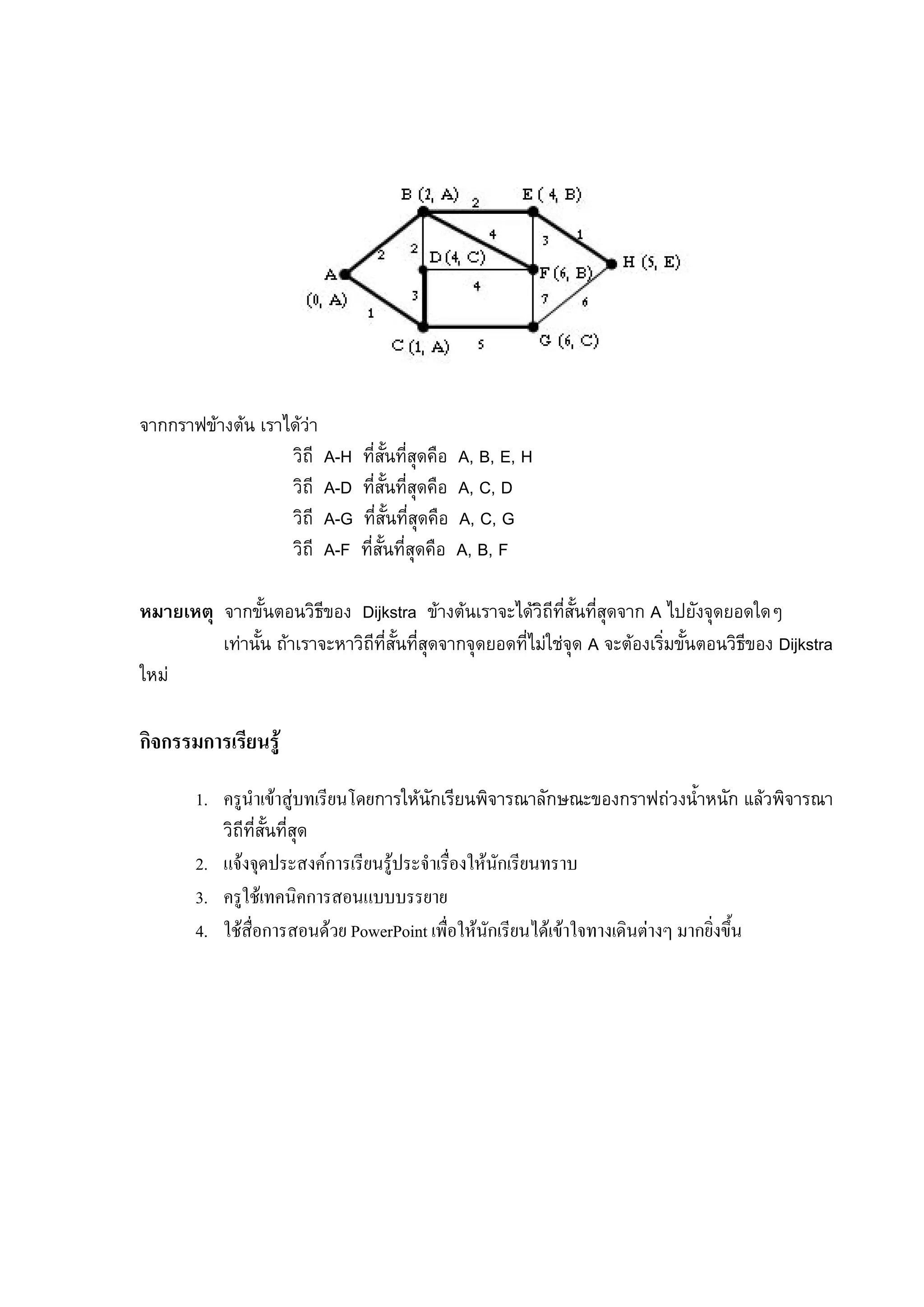 100
จากกราฟขางตน เราไดวา
วิถี A-H ที่สั้นที่สุดคือ A, B, E, H
วิถี A-D ที่สั้นที่สุดคือ A, C, D
วิถี A-G ที่สั้นที่สุดคือ A, C, G
วิถี A-F ที่สั้นที่สุดคือ A, B, F
หมายเหตุ จากขั้นตอนวิธีของ Dijkstra ขางตนเราจะไดวิถีที่สั้นที่สุดจาก A ไปยังจุดยอดใดๆ
เทานั้น ถาเราจะหาวิถีที่สั้นที่สุดจากจุดยอดที่ไมใชจุด A จะตองเริ่มขั้นตอนวิธีของ Dijkstra
ใหม
กิจกรรมการเรียนรู
1. ครูนําเขาสูบทเรียนโดยการใหนักเรียนพิจารณาลักษณะของกราฟถวงน้ําหนัก แลวพิจารณา
วิถีที่สั้นที่สุด
2. แจงจุดประสงคการเรียนรูประจําเรื่องใหนักเรียนทราบ
3. ครูใชเทคนิคการสอนแบบบรรยาย
4. ใชสื่อการสอนดวย PowerPoint เพื่อใหนักเรียนไดเขาใจทางเดินตางๆ มากยิ่งขึ้น
 