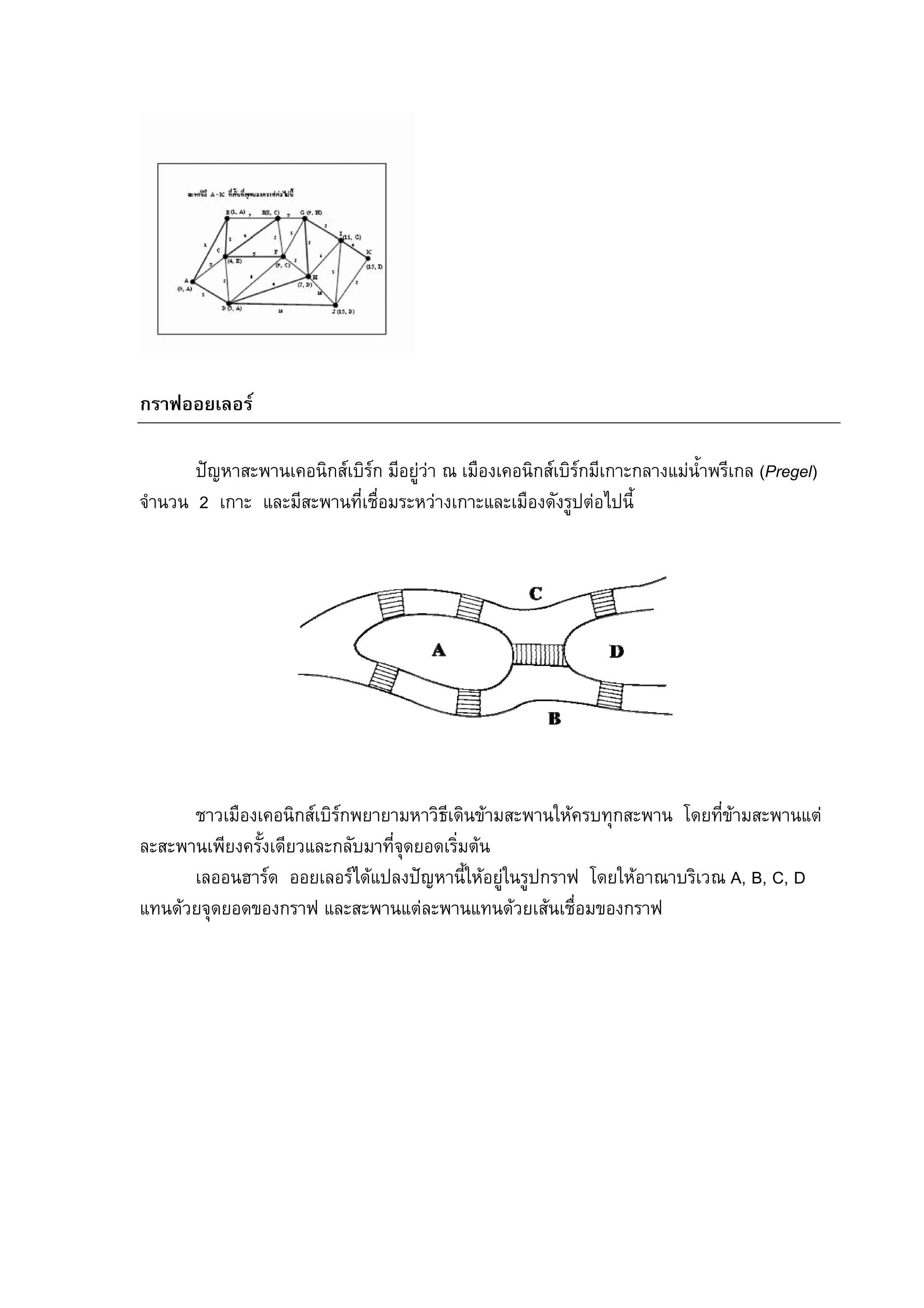 103
กราฟออยเลอร
ปญหาสะพานเคอนิกสเบิรก มีอยูวา ณ เมืองเคอนิกสเบิรกมีเกาะกลางแมน้ําพรีเกล (Pregel)
จํานวน 2 เกาะ และมีสะพานที่เชื่อมระหวางเกาะและเมืองดังรูปตอไปนี้
ชาวเมืองเคอนิกสเบิรกพยายามหาวิธีเดินขามสะพานใหครบทุกสะพาน โดยที่ขามสะพานแต
ละสะพานเพียงครั้งเดียวและกลับมาที่จุดยอดเริ่มตน
เลออนฮารด ออยเลอรไดแปลงปญหานี้ใหอยูในรูปกราฟ โดยใหอาณาบริเวณ A, B, C, D
แทนดวยจุดยอดของกราฟ และสะพานแตละพานแทนดวยเสนเชื่อมของกราฟ
 