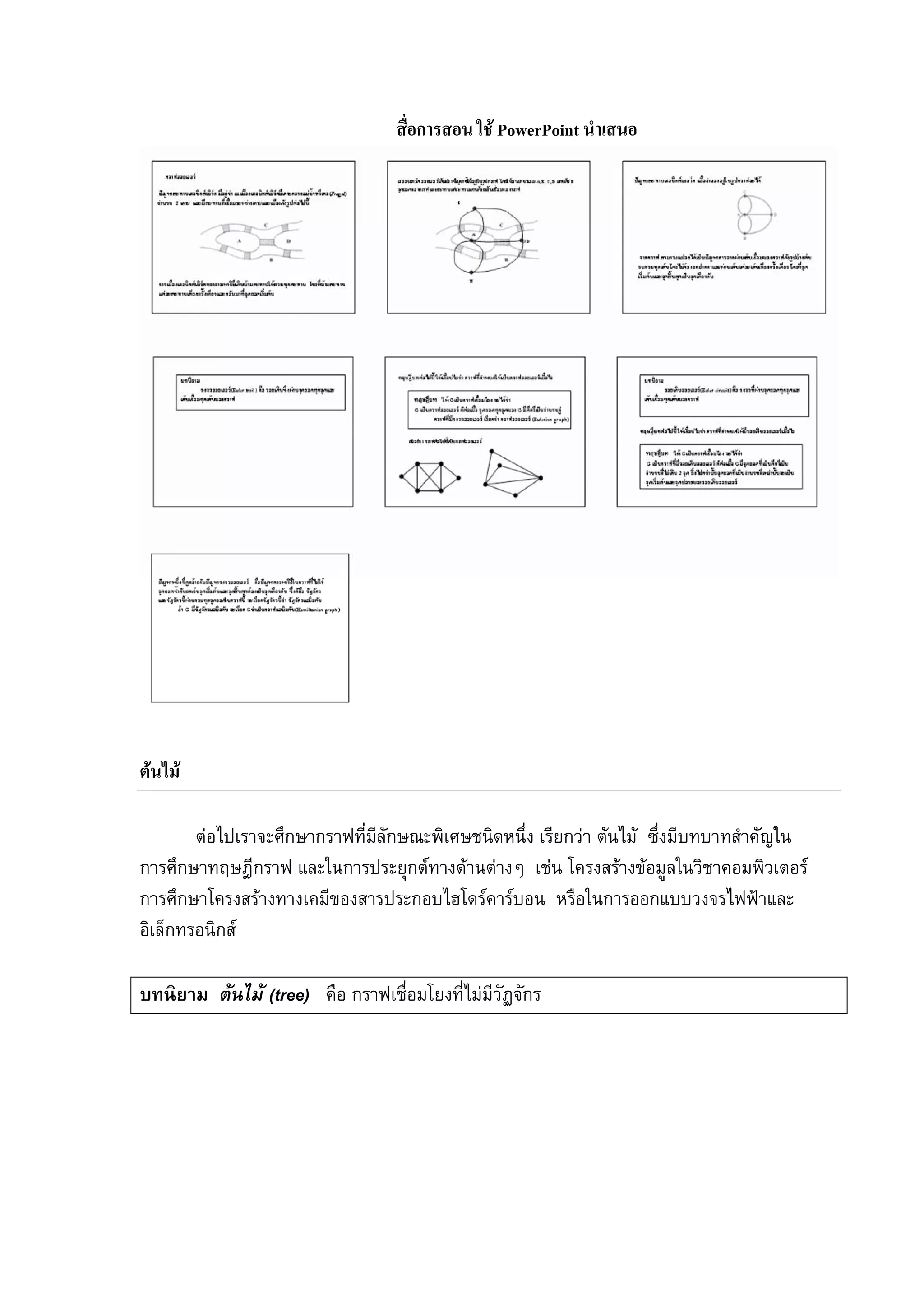 106
สื่อการสอน ใช PowerPoint นําเสนอ
ตนไม
ตอไปเราจะศึกษากราฟที่มีลักษณะพิเศษชนิดหนึ่ง เรียกวา ตนไม ซึ่งมีบทบาทสําคัญใน
การศึกษาทฤษฎีกราฟ และในการประยุกตทางดานตางๆ เชน โครงสรางขอมูลในวิชาคอมพิวเตอร
การศึกษาโครงสรางทางเคมีของสารประกอบไฮโดรคารบอน หรือในการออกแบบวงจรไฟฟาและ
อิเล็กทรอนิกส
บทนิยาม ตนไม (tree) คือ กราฟเชื่อมโยงที่ไมมีวัฏจักร
 