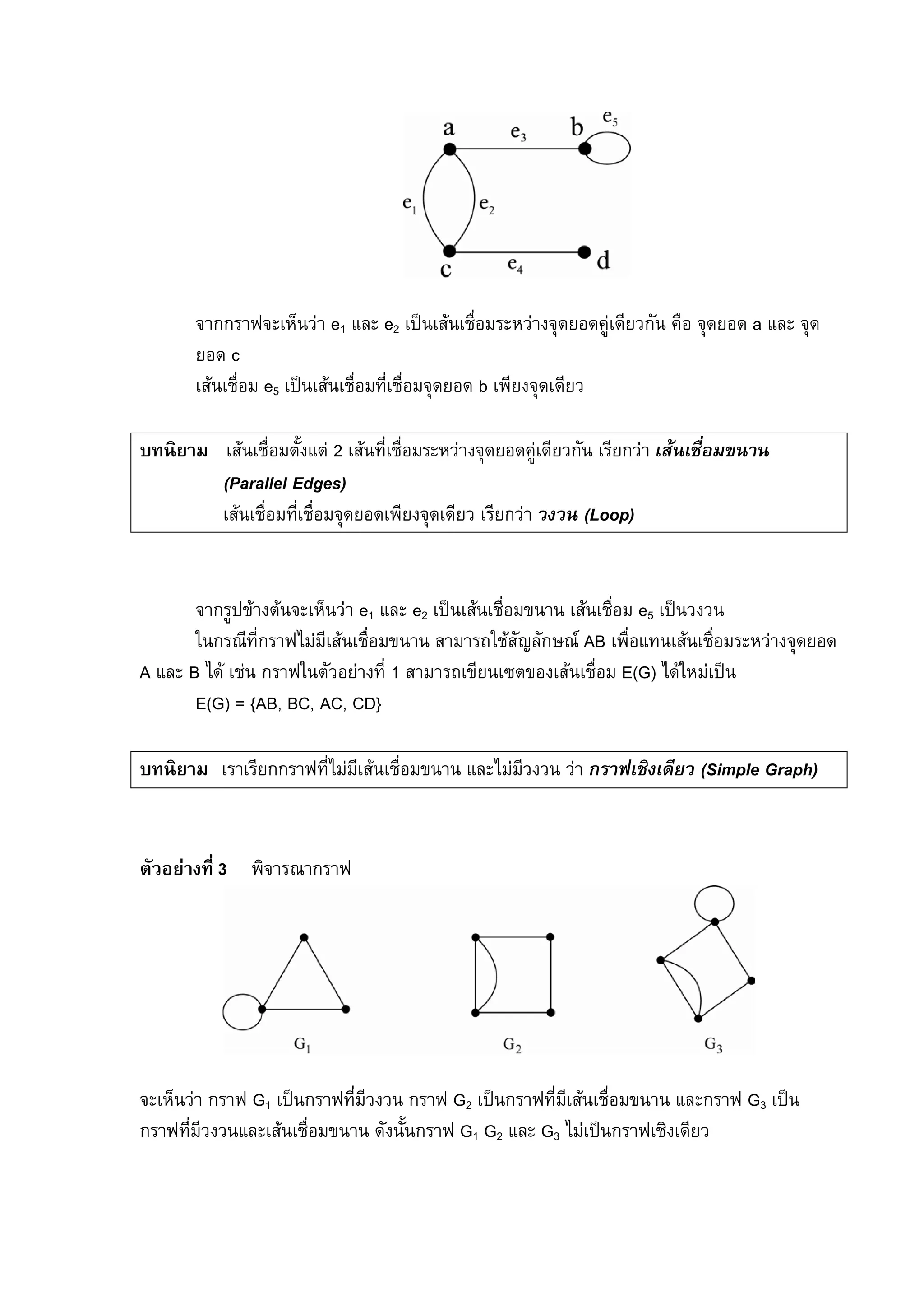 84
จากกราฟจะเห็นวา e1 และ e2 เปนเสนเชื่อมระหวางจุดยอดคูเดียวกัน คือ จุดยอด a และ จุด
ยอด c
เสนเชื่อม e5 เปนเสนเชื่อมที่เชื่อมจุดยอด b เพียงจุดเดียว
บทนิยาม เสนเชื่อมตั้งแต 2 เสนที่เชื่อมระหวางจุดยอดคูเดียวกัน เรียกวา เสนเชื่อมขนาน
(Parallel Edges)
เสนเชื่อมที่เชื่อมจุดยอดเพียงจุดเดียว เรียกวา วงวน (Loop)
จากรูปขางตนจะเห็นวา e1 และ e2 เปนเสนเชื่อมขนาน เสนเชื่อม e5 เปนวงวน
ในกรณีที่กราฟไมมีเสนเชื่อมขนาน สามารถใชสัญลักษณ AB เพื่อแทนเสนเชื่อมระหวางจุดยอด
A และ B ได เชน กราฟในตัวอยางที่ 1 สามารถเขียนเซตของเสนเชื่อม E(G) ไดใหมเปน
E(G) = {AB, BC, AC, CD}
บทนิยาม เราเรียกกราฟที่ไมมีเสนเชื่อมขนาน และไมมีวงวน วา กราฟเชิงเดียว (Simple Graph)
ตัวอยางที่ 3 พิจารณากราฟ
จะเห็นวา กราฟ G1 เปนกราฟที่มีวงวน กราฟ G2 เปนกราฟที่มีเสนเชื่อมขนาน และกราฟ G3 เปน
กราฟที่มีวงวนและเสนเชื่อมขนาน ดังนั้นกราฟ G1 G2 และ G3 ไมเปนกราฟเชิงเดียว
 