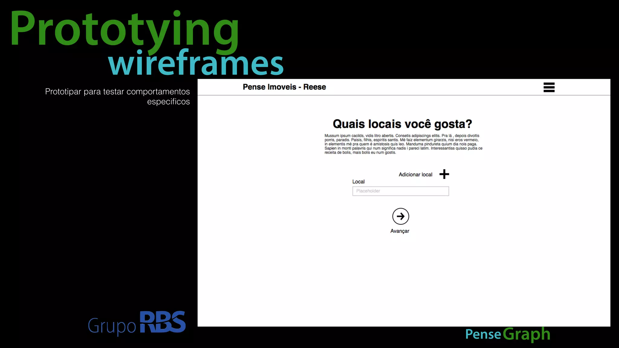 Prototying 
wireframes 
PenseGraph 
Prototipar para testar comportamentos 
especificos 
 