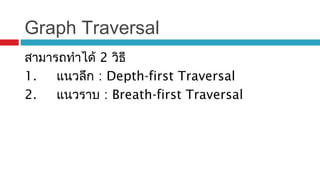 Graph Traversal
สามารถทำาได้ 2 วิธี
1. แนวลึก : Depth-first Traversal
2. แนวราบ : Breath-first Traversal
 