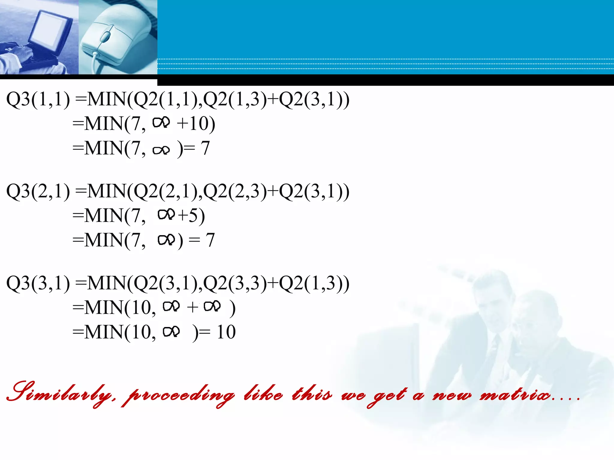 Q3(1,1) =MIN(Q2(1,1),Q2(1,3)+Q2(3,1))
=MIN(7, +10)
=MIN(7, )= 7
Q3(2,1) =MIN(Q2(2,1),Q2(2,3)+Q2(3,1))
=MIN(7, +5)
=MIN(7, ) = 7
Q3(3,1) =MIN(Q2(3,1),Q2(3,3)+Q2(1,3))
=MIN(10, +7 )
=MIN(10,14 )= 10
Similarly, proceeding like this we get a new matrix....
 