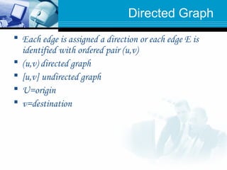 Directed Graph
 Each edge is assigned a direction or each edge E is
identified with ordered pair (u,v)
 (u,v) directed graph
 [u,v] undirected graph
 U=origin
 v=destination
 