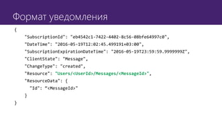 Формат уведомления
{
"SubscriptionId": "eb4542c1-7422-4402-8c56-08bfe64997c0",
"DateTime": "2016-05-19T12:02:45.499191+03:00",
"SubscriptionExpirationDateTime": "2016-05-19T23:59:59.9999999Z",
"ClientState": "Message",
"ChangeType": "created",
"Resource": "Users/<UserId>/Messages/<MessageId>",
"ResourceData": {
"Id": “<MessageId>"
}
}
 