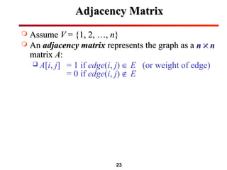 23
Adjacency MatrixAdjacency Matrix
 AssumeAssume VV = {1, 2, …,= {1, 2, …, nn}}
 AnAn adjacency matrixadjacency matrix represents the graph as arepresents the graph as a nn ×× nn
matrixmatrix AA::
 A[i, j] = 1 if edge(i, j) ∈ E (or weight of edge)
= 0 if edge(i, j) ∉ E
 