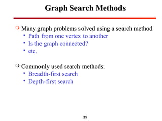 35
Graph Search MethodsGraph Search Methods
 Many graph problems solved using a search methodMany graph problems solved using a search method
 Path from one vertex to another
 Is the graph connected?
 etc.
 Commonly used search methods:Commonly used search methods:
 Breadth-first search
 Depth-first search
 