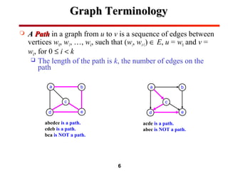 6
 AA PathPath in a graph from u to v is a sequence of edges between
vertices w0, w1, …, wk, such that (wi, wi+1) ∈ E, u = w0 and v =
wk, for 0 ≤ i < k
 The length of the path is k, the number of edges on the
path
a b
d e
c
a b
d e
c
abedce is a path.
cdeb is a path.
bca is NOT a path.
acde is a path.
abec is NOT a path.
Graph TerminologyGraph Terminology
 