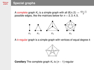 What are
graphs Special graphs
A complete graph Kn is a simple graph with all B(n, 2) := n(n−1)
2
possible edges, like the matrices below for n = 2, 3, 4, 5.
A k-regular graph is a simple graph with vertices of equal degree k
Corollary The complete graph Kn is (n − 1)-regular
 