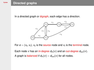 Cycles
Directed graphs
In a directed graph or digraph, each edge has a direction.
For e = (vs, vt ), vs is the source node and vt is the terminal node.
Each node v has an in-degree din(v) and an out-degree dout (v).
A graph is balanced if din(v) = dout (v) for all nodes.
 