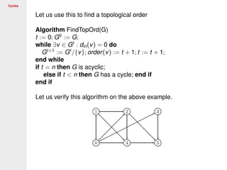Cycles
Let us use this to ﬁnd a topological order
Algorithm FindTopOrd(G)
t := 0; G0
:= G;
while ∃v ∈ Gt
: din(v) = 0 do
Gt+1
:= Gt
/{v}; order(v) := t + 1; t := t + 1;
end while
if t = n then G is acyclic;
else if t < n then G has a cycle; end if
end if
Let us verify this algorithm on the above example.
 