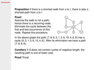 Shortest path
Proposition If there is a shortest walk from s to t, there is also a
shortest path from s to t
Proof
Assume the walk is not a path;
hence there is a recurring node.
Eliminate the cycle between the
ﬁrst and last occurrence of this
node. Repeat this procedure.
In the above graph the path (7, 8, 6, 3, 1, 5, 6, 10, 4, 6, 9) has a
cycle (6, 3, 1, 5, 6, 10, 4, 6). After its elimination we have a path
(7, 8, 6, 9).
Corollary If G does not contain cycles of negative length, the
resulting path is one of lower cost.
Proof Trivial
 