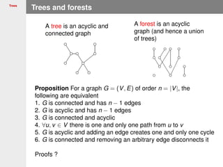 Trees
Trees and forests
A tree is an acyclic and
connected graph
A forest is an acyclic
graph (and hence a union
of trees)
Proposition For a graph G = (V, E) of order n = |V|, the
following are equivalent
1. G is connected and has n − 1 edges
2. G is acyclic and has n − 1 edges
3. G is connected and acyclic
4. ∀u, v ∈ V there is one and only one path from u to v
5. G is acyclic and adding an edge creates one and only one cycle
6. G is connected and removing an arbitrary edge disconnects it
Proofs ?
 