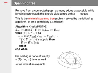Trees
Spanning tree
Remove from a connected graph as many edges as possible while
remainig connected; this should yield a tree with n − 1 edges.
This is the minimal spanning tree problem solved by the following
algorithm, of time complexity O(m log m)
Algorithm KruskalMST(G)
Eord := sort(E); E := ∅; Erest := Eord ;
while |E | > n − 1 do
α := ﬁrst(Erest ); Erest := Erest {α};
if (V, E ∪ {α}) is acyclic then
E := E ∪ {α};
end if
end while
The sorting is done efﬁciently
in O(m log m) time as well.
Let us look at an example
 