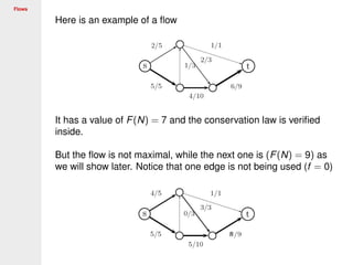 Flows
Here is an example of a ﬂow
It has a value of F(N) = 7 and the conservation law is veriﬁed
inside.
But the ﬂow is not maximal, while the next one is (F(N) = 9) as
we will show later. Notice that one edge is not being used (f = 0)
 