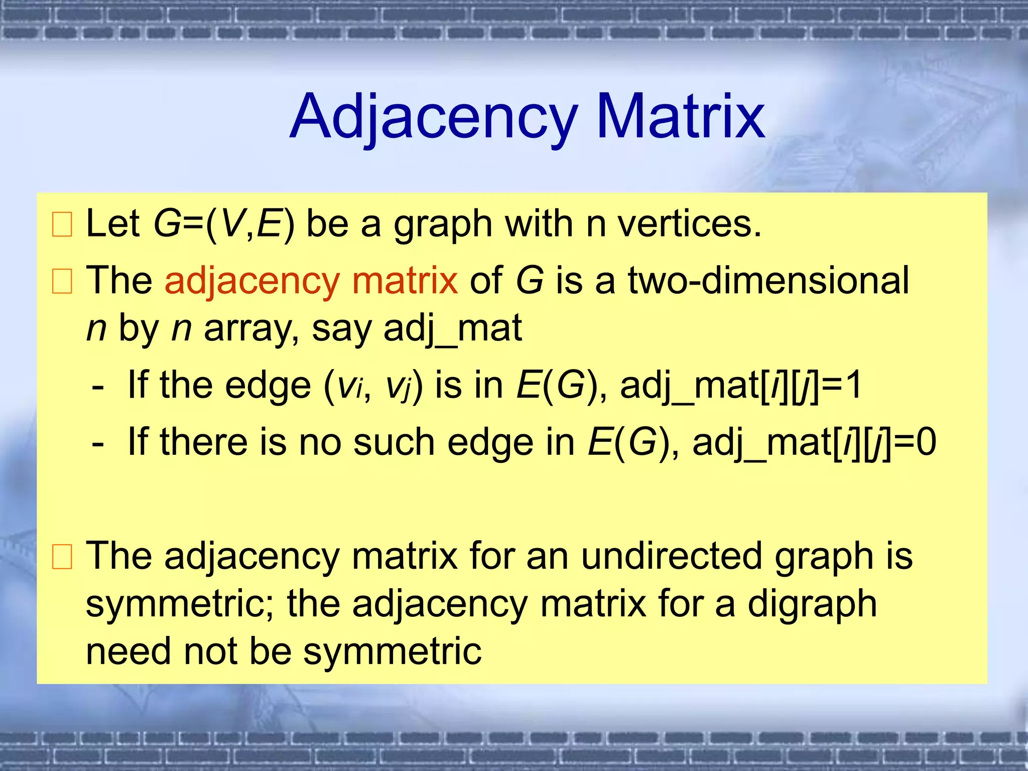 Adjacency Matrix
Let G=(V,E) be a graph with n vertices.
The adjacency matrix of G is a two-dimensional
n by n array, say adj_mat
- If the edge (vi, vj) is in E(G), adj_mat[i][j]=1
- If there is no such edge in E(G), adj_mat[i][j]=0
The adjacency matrix for an undirected graph is
symmetric; the adjacency matrix for a digraph
need not be symmetric
 