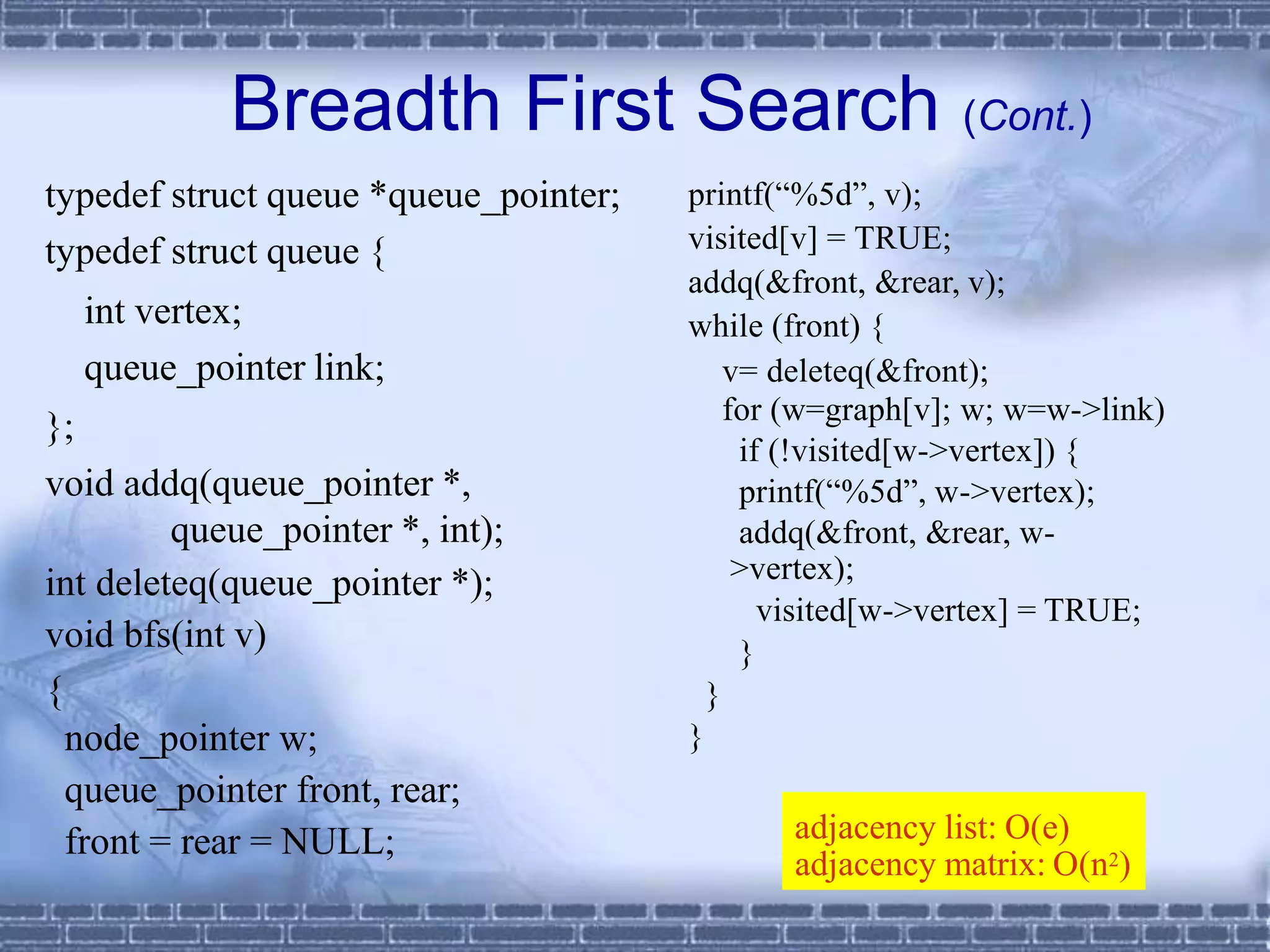 Breadth First Search (Cont.)
printf(“%5d”, v);
visited[v] = TRUE;
addq(&front, &rear, v);
while (front) {
v= deleteq(&front);
for (w=graph[v]; w; w=w->link)
if (!visited[w->vertex]) {
printf(“%5d”, w->vertex);
addq(&front, &rear, w-
>vertex);
visited[w->vertex] = TRUE;
}
}
}
adjacency list: O(e)
adjacency matrix: O(n2)
typedef struct queue *queue_pointer;
typedef struct queue {
int vertex;
queue_pointer link;
};
void addq(queue_pointer *,
queue_pointer *, int);
int deleteq(queue_pointer *);
void bfs(int v)
{
node_pointer w;
queue_pointer front, rear;
front = rear = NULL;
 
