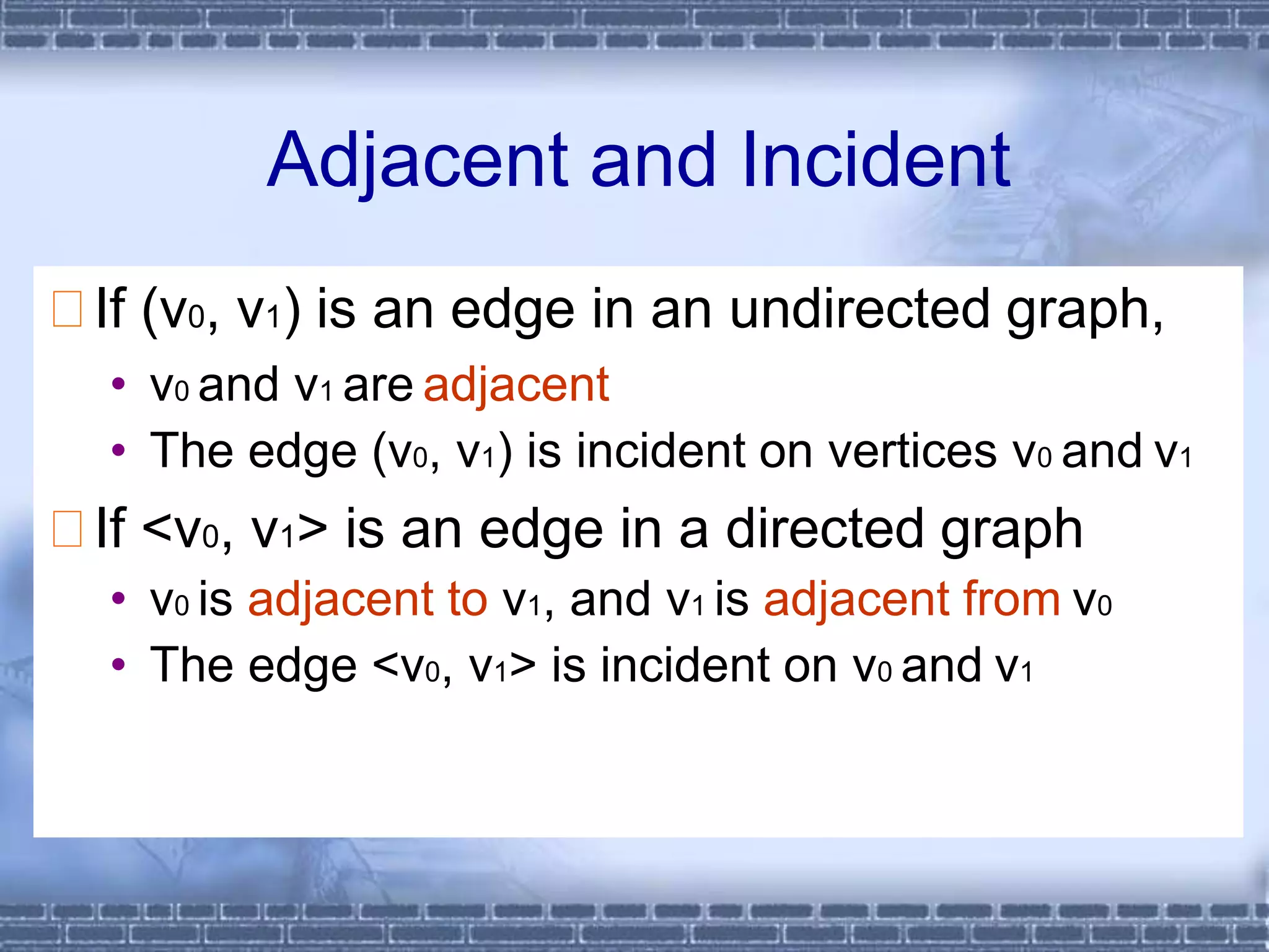 Adjacent and Incident
If (v0, v1) is an edge in an undirected graph,
• v0 and v1 are adjacent
• The edge (v0, v1) is incident on vertices v0 and v1
If <v0, v1> is an edge in a directed graph
• v0 is adjacent to v1, and v1 is adjacent from v0
• The edge <v0, v1> is incident on v0 and v1
 