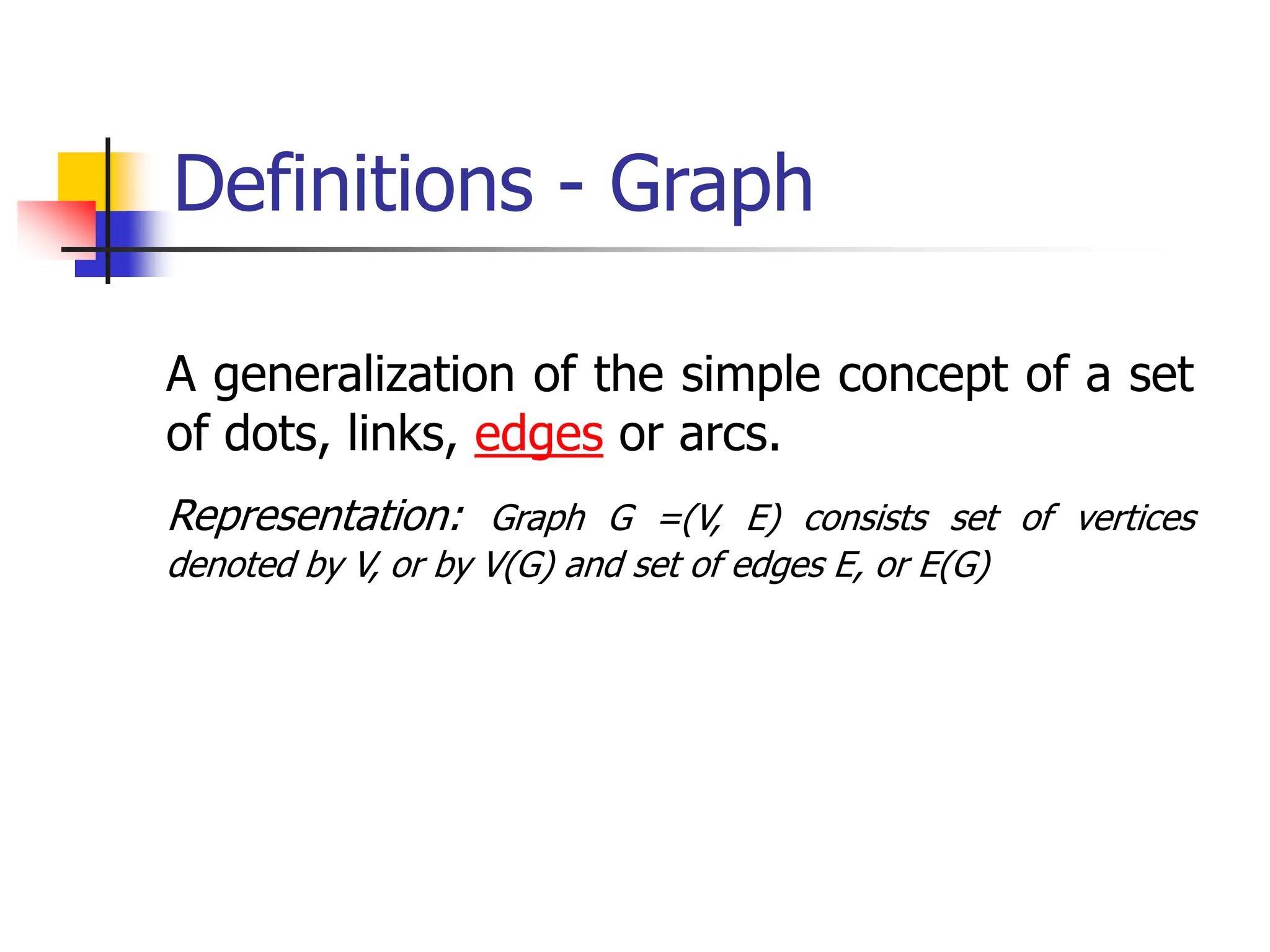 Definitions - Graph
A generalization of the simple concept of a set
of dots, links, edges or arcs.
Representation: Graph G =(V, E) consists set of vertices
denoted by V, or by V(G) and set of edges E, or E(G)
 