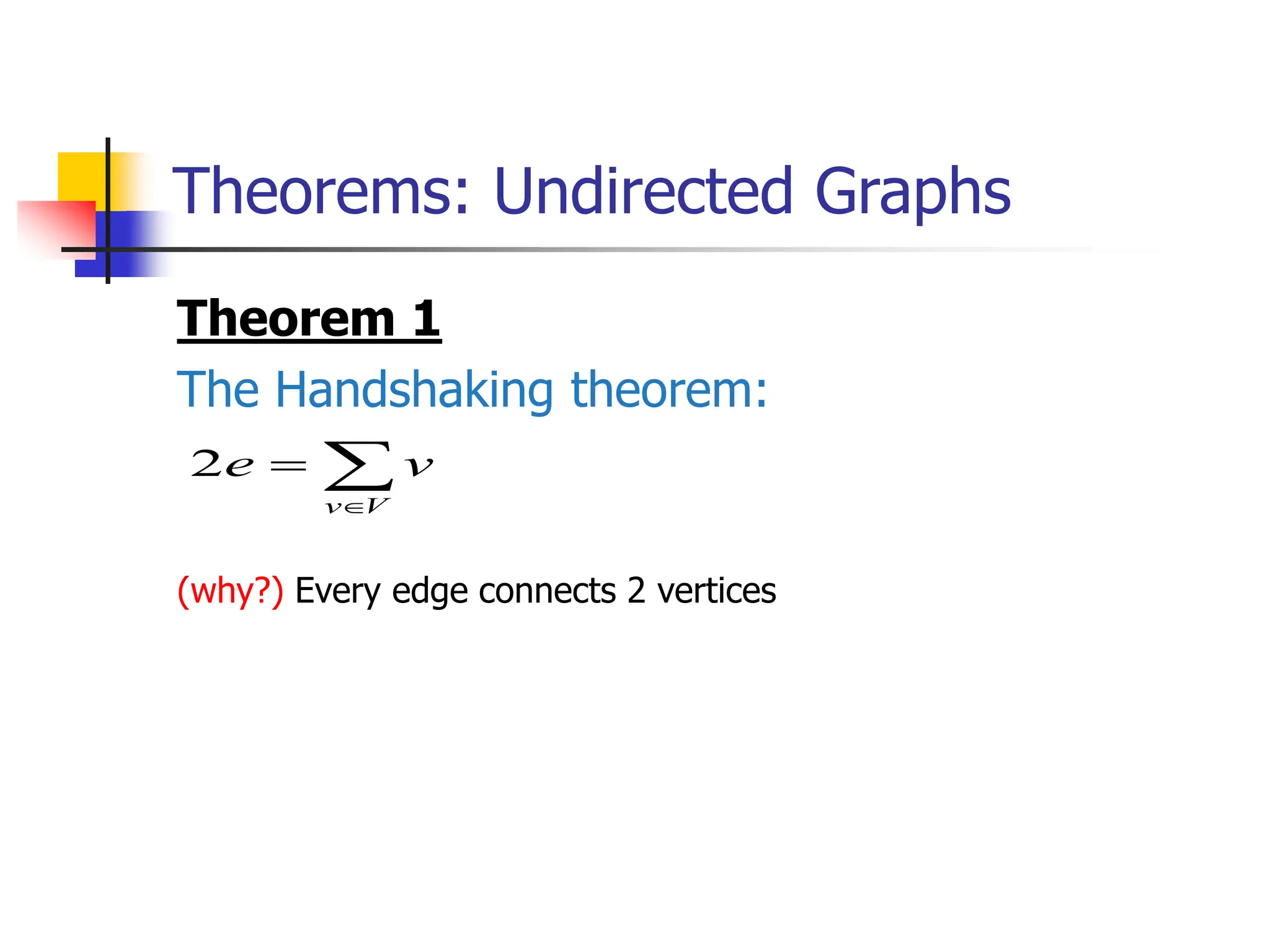 Theorems: Undirected Graphs
Theorem 1
The Handshaking theorem:
(why?) Every edge connects 2 vertices



V
v
v
e
2
 