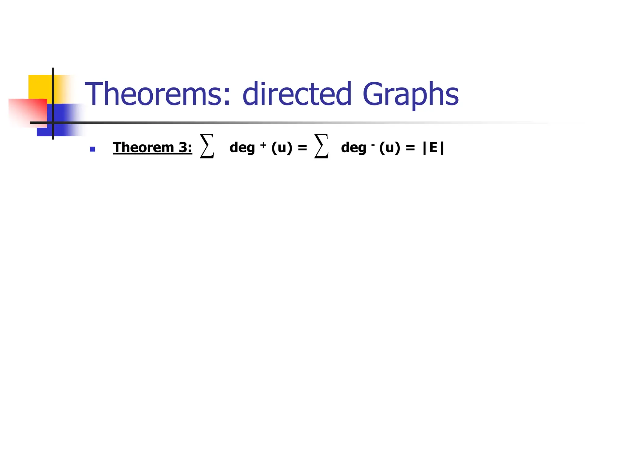 Theorems: directed Graphs
 Theorem 3: deg + (u) = deg - (u) = |E|


 