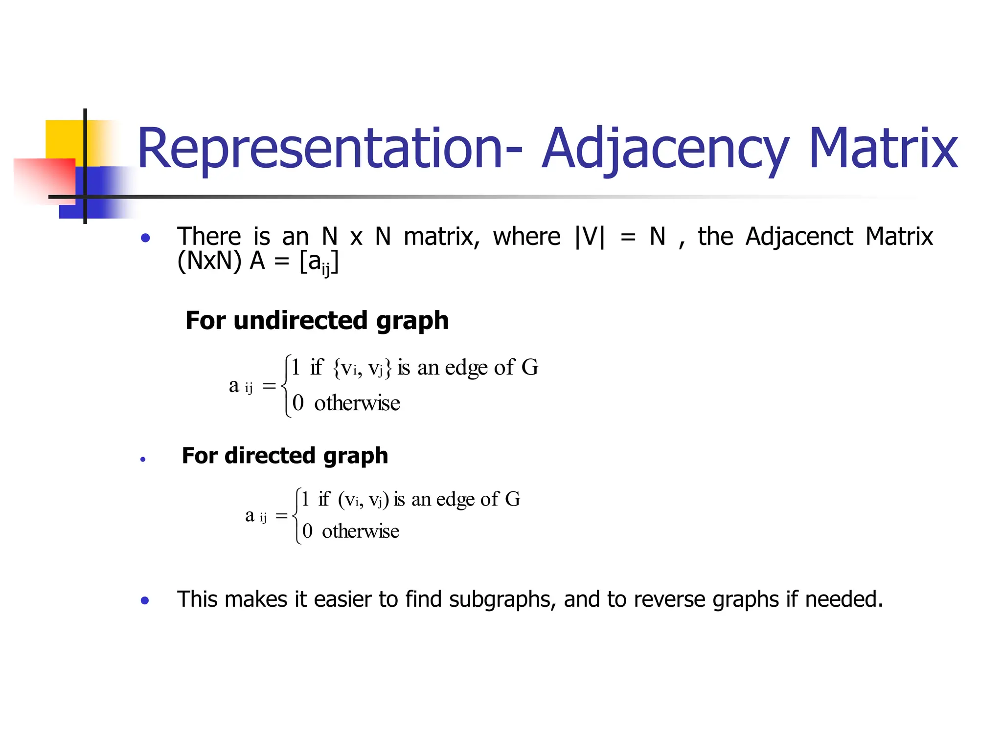 Representation- Adjacency Matrix
 There is an N x N matrix, where |V| = N , the Adjacenct Matrix
(NxN) A = [aij]
For undirected graph
 For directed graph
 This makes it easier to find subgraphs, and to reverse graphs if needed.




otherwise
0
G
of
edge
an
is
)
v
,
(v
if
1
a
j
i
ij




otherwise
0
G
of
edge
an
is
}
v
,
{v
if
1
a
j
i
ij
 