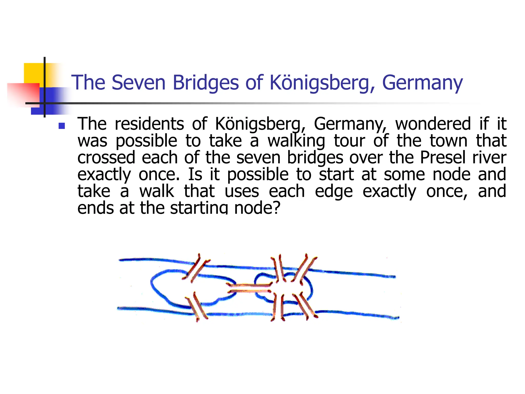 The Seven Bridges of Königsberg, Germany
 The residents of Königsberg, Germany, wondered if it
was possible to take a walking tour of the town that
crossed each of the seven bridges over the Presel river
exactly once. Is it possible to start at some node and
take a walk that uses each edge exactly once, and
ends at the starting node?
 