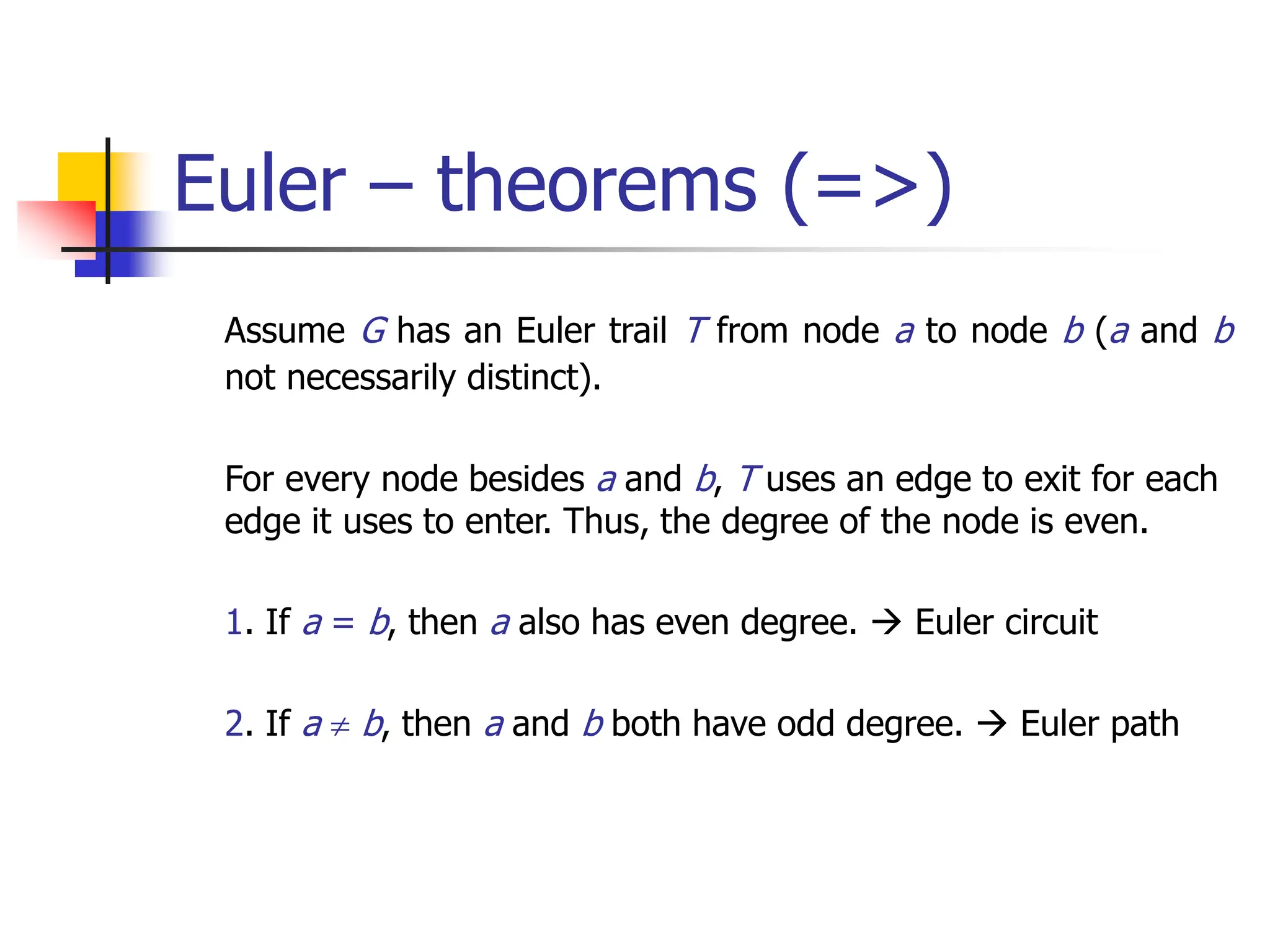 Euler – theorems (=>)
Assume G has an Euler trail T from node a to node b (a and b
not necessarily distinct).
For every node besides a and b, T uses an edge to exit for each
edge it uses to enter. Thus, the degree of the node is even.
1. If a = b, then a also has even degree.  Euler circuit
2. If a  b, then a and b both have odd degree.  Euler path
 
