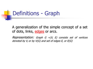 Definitions - Graph
A generalization of the simple concept of a set
of dots, links, edges or arcs.
Representation: Graph G =(V, E) consists set of vertices
denoted by V, or by V(G) and set of edges E, or E(G)
 