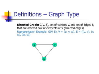 Definitions – Graph Type
Directed Graph: G(V, E), set of vertices V, and set of Edges E,
that are ordered pair of elements of V (directed edges)
Representation Example: G(V, E), V = {u, v, w}, E = {(u, v), (v,
w), (w, u)}
u
w
v
 