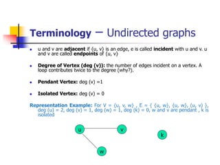 Terminology – Undirected graphs
 u and v are adjacent if {u, v} is an edge, e is called incident with u and v. u
and v are called endpoints of {u, v}
 Degree of Vertex (deg (v)): the number of edges incident on a vertex. A
loop contributes twice to the degree (why?).
 Pendant Vertex: deg (v) =1
 Isolated Vertex: deg (v) = 0
Representation Example: For V = {u, v, w} , E = { {u, w}, {u, w}, (u, v) },
deg (u) = 2, deg (v) = 1, deg (w) = 1, deg (k) = 0, w and v are pendant , k is
isolated
u
k
w
v
 