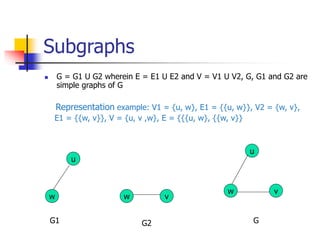 Subgraphs
 G = G1 U G2 wherein E = E1 U E2 and V = V1 U V2, G, G1 and G2 are
simple graphs of G
Representation example: V1 = {u, w}, E1 = {{u, w}}, V2 = {w, v},
E1 = {{w, v}}, V = {u, v ,w}, E = {{{u, w}, {{w, v}}
u
v
w w
v
w
u
G1 G2 G
 